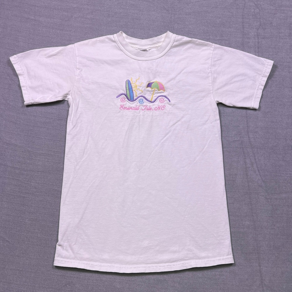 Gildan Ultra Cotton Emerald Isle NC Surf Beach Umbrella T Shirt Size Small White